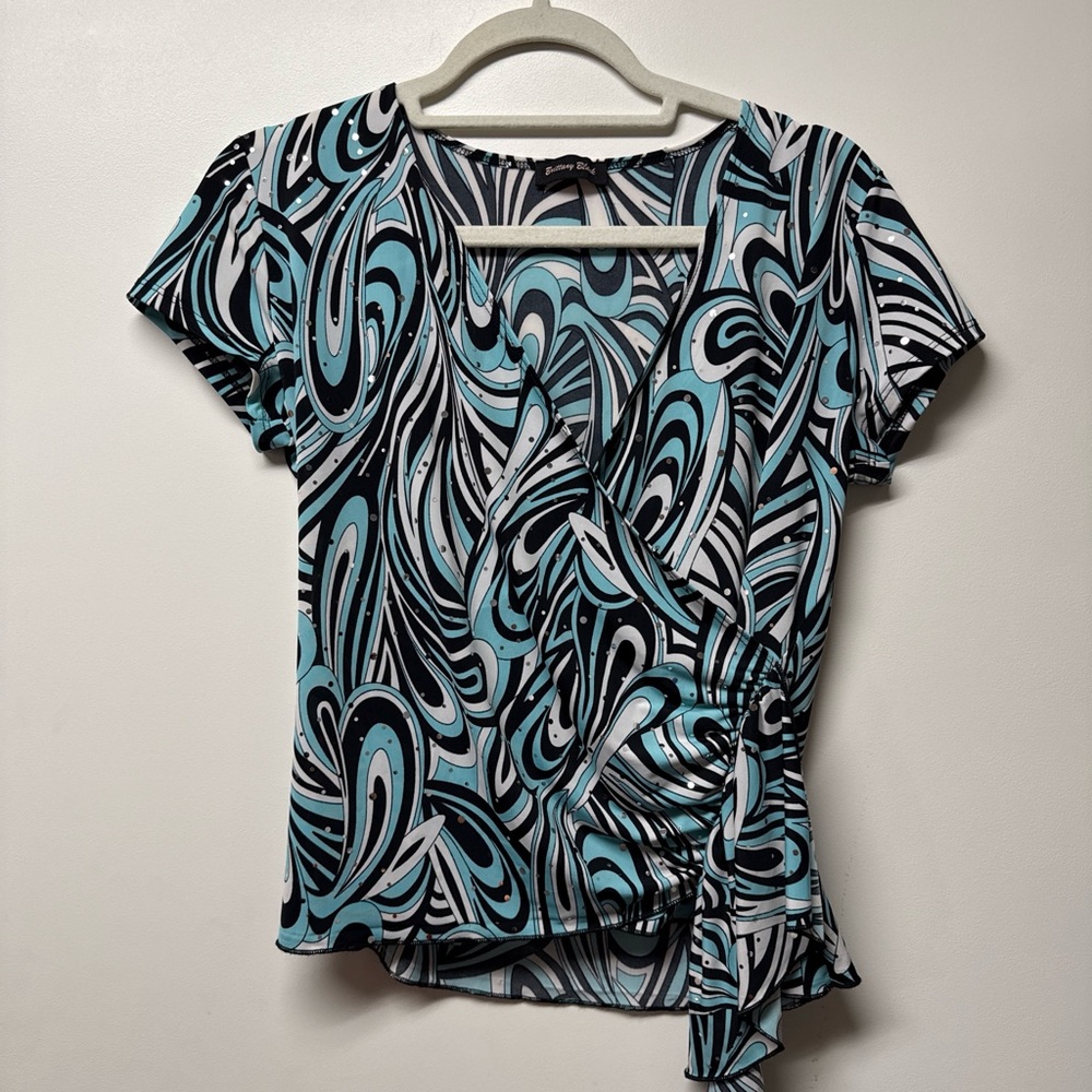 Brittany Black Blue Black White Swirl Wrap Top